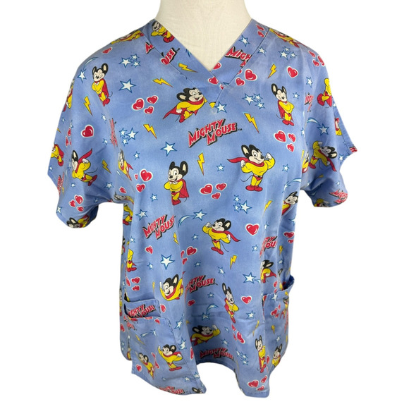 ✨2/$20 Mighty Mouse Cartoon Graphic Nurse CNA V-Neck Scrub Top Blue Size Large - Picture 15 of 16
